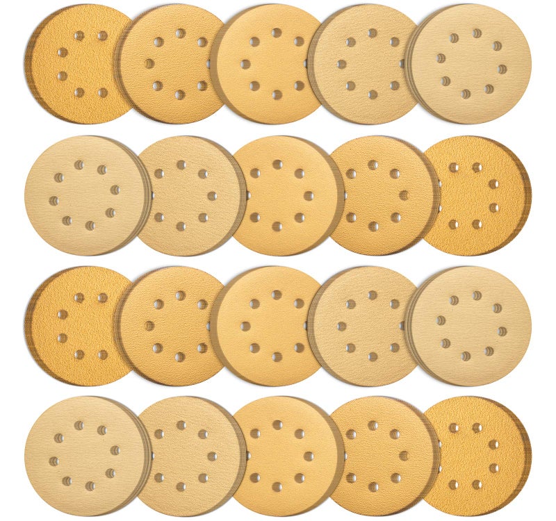 S SATC 100PCS 5 Inch Sanding Discs 60/80/120/150/220 Grits Gold Sanding Discs Hook and Loop 8 Holes Sandpaper Orbital Sander - Image 1