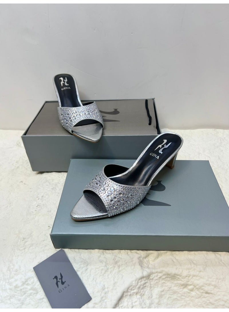 Gina Ladies Slip On Heels with Glittery Rhinestone Upper
