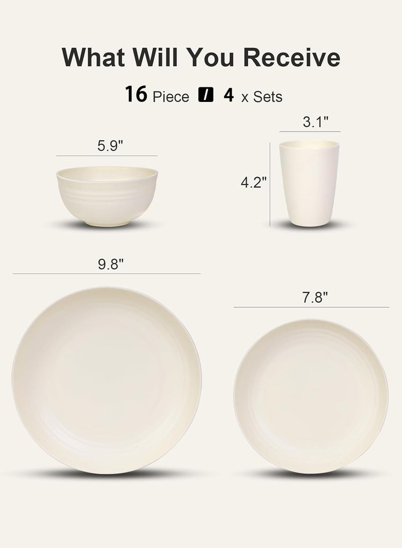 طقم أدوات مائدة، طقم أدوات مائدة من قش القمح، طقم أطباق وأوعية خفيفة الوزن من 16 قطعة لأربعة أشخاص - طقم أدوات مائدة غير قابل للكسر، آمن للاستخدام في الميكروويف وغسالة الأطباق، طقم عشاء بلاستيكي صديق للبيئة للشقق والتخييم والاستخدام الخارجي واليومي، لون بيج - Image 2