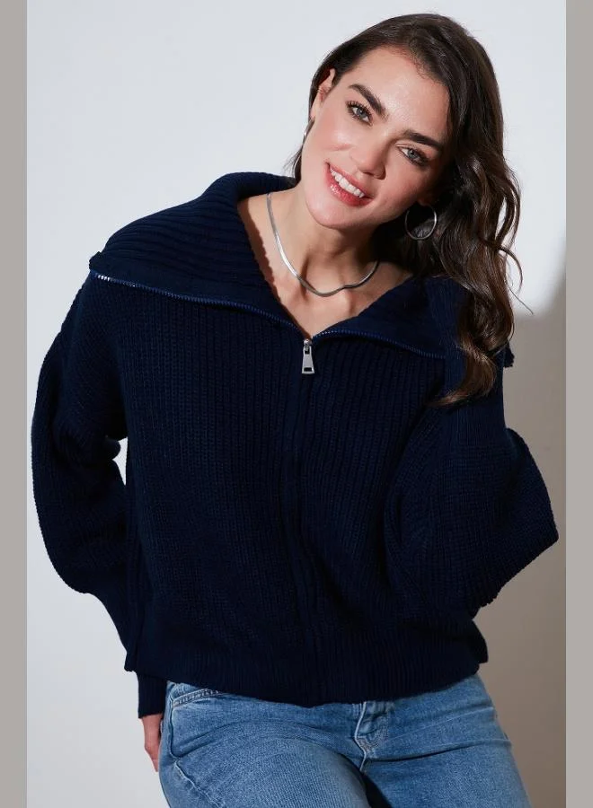 Lela Lela Standard Fit Balloon Sleeve Zippered Rib Knit Cardigan Women's Cardigan 4615562