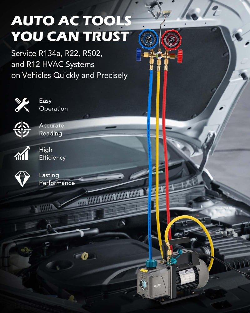 Orion Motor Tech مجموعة مضخة فراغ ومقياس أورايون موتور تك، 1/4 حصان 3.5 قدم مكعب في الدقيقة، مجموعة مقياس مضخة فراغ مع 3 خراطيم محولات وإكسسوارات لـ R134a R12 R22 R502، مجموعة مضخة فراغ تكييف الهواء لأنظمة HVAC للسيارات - Image 2