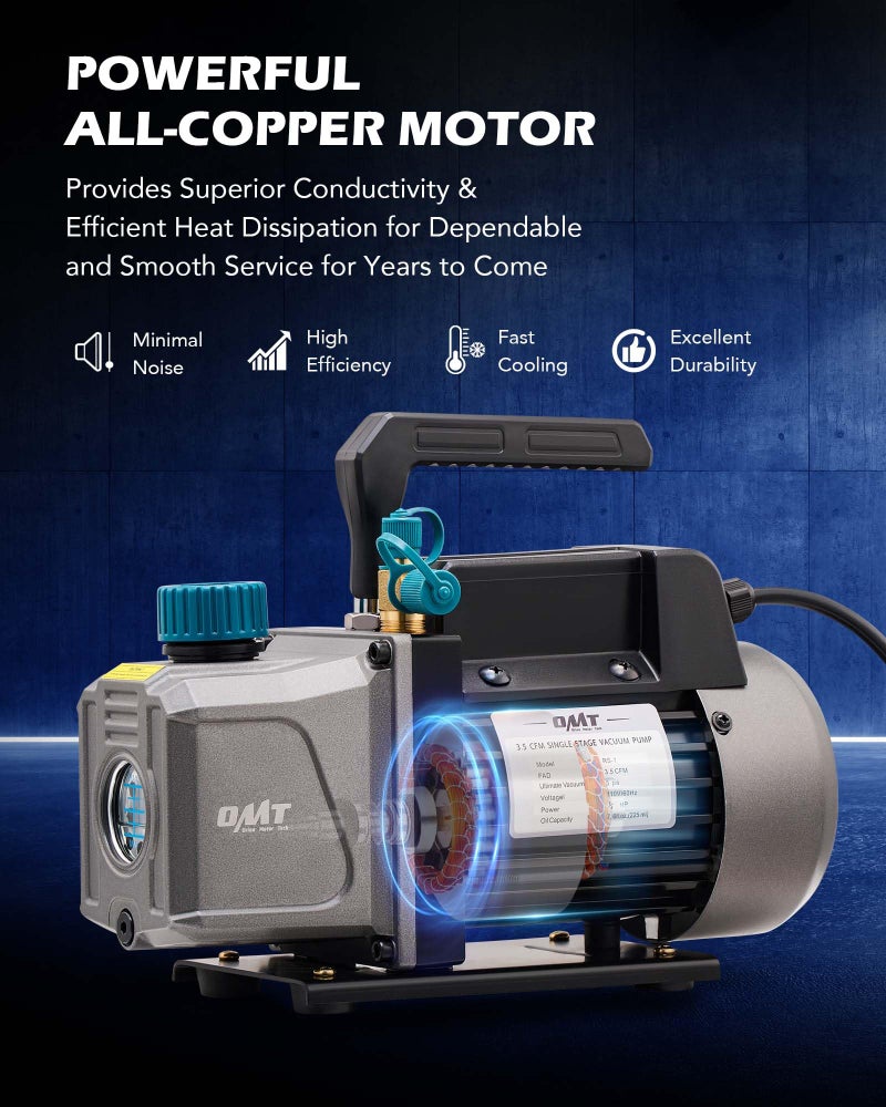 Orion Motor Tech مجموعة مضخة فراغ ومقياس أورايون موتور تك، 1/4 حصان 3.5 قدم مكعب في الدقيقة، مجموعة مقياس مضخة فراغ مع 3 خراطيم محولات وإكسسوارات لـ R134a R12 R22 R502، مجموعة مضخة فراغ تكييف الهواء لأنظمة HVAC للسيارات - Image 5