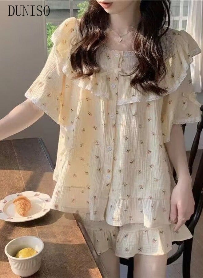 DUNISO Women's 2pcs Pajama Set Short Sleeve Nightgown Lace Sleepwear Button Down Loungewear Girls Comfortable Round Neck Nightwear Summer Home Wear - Image 3
