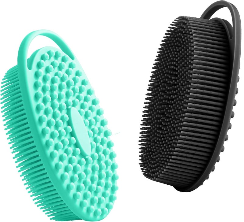 KQNBI Silicone Body Scrubber 2 Pack - 2 in 1 Exfoliating Loofah With Handle for Shower - Bath Scrub and Scalp Massager Shampoo Brush - Image 1