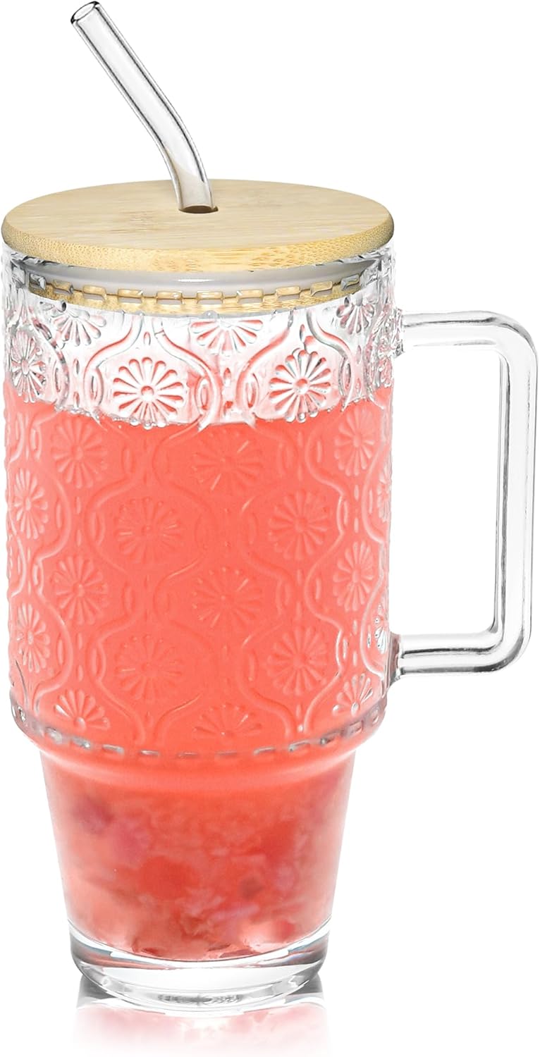 Icesip 24oz Glass Tumbler with Straw and Lid Handle Iced Coffee Cups Vintage Drinking Glasses for Cold Drink Smoothie Boba Tea(Begonia with Bamboo Lid) - Image 1