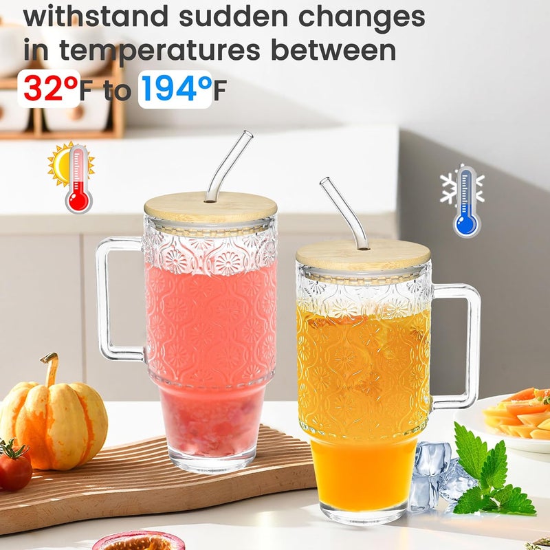 Icesip 24oz Glass Tumbler with Straw and Lid Handle Iced Coffee Cups Vintage Drinking Glasses for Cold Drink Smoothie Boba Tea(Begonia with Bamboo Lid) - Image 2