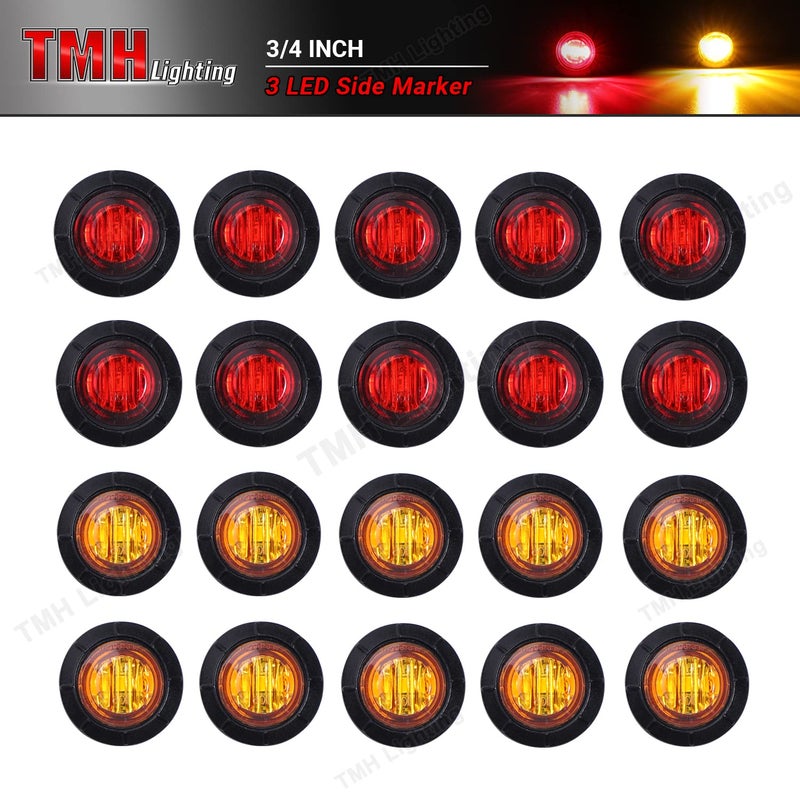 TMH 3/4 Inch Mount 10 pcs Amber + 10 pcs Red LED Clearance Bullet Side LED Marker Lights for Trailer Truck RV Car Bus Van (Pack of 20) - Image 2