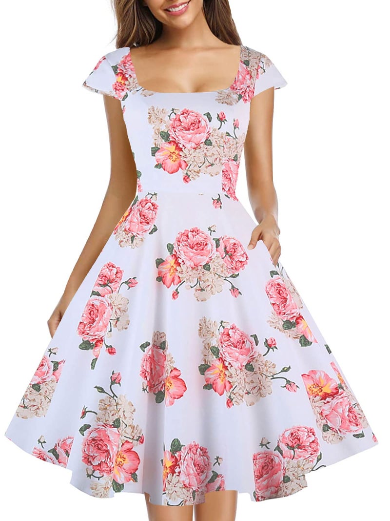 PUKAVT Women's Cocktail Party Dress Cap Sleeve 1950 Retro Swing Dress with Pockets White Pink Flower L - Image 1
