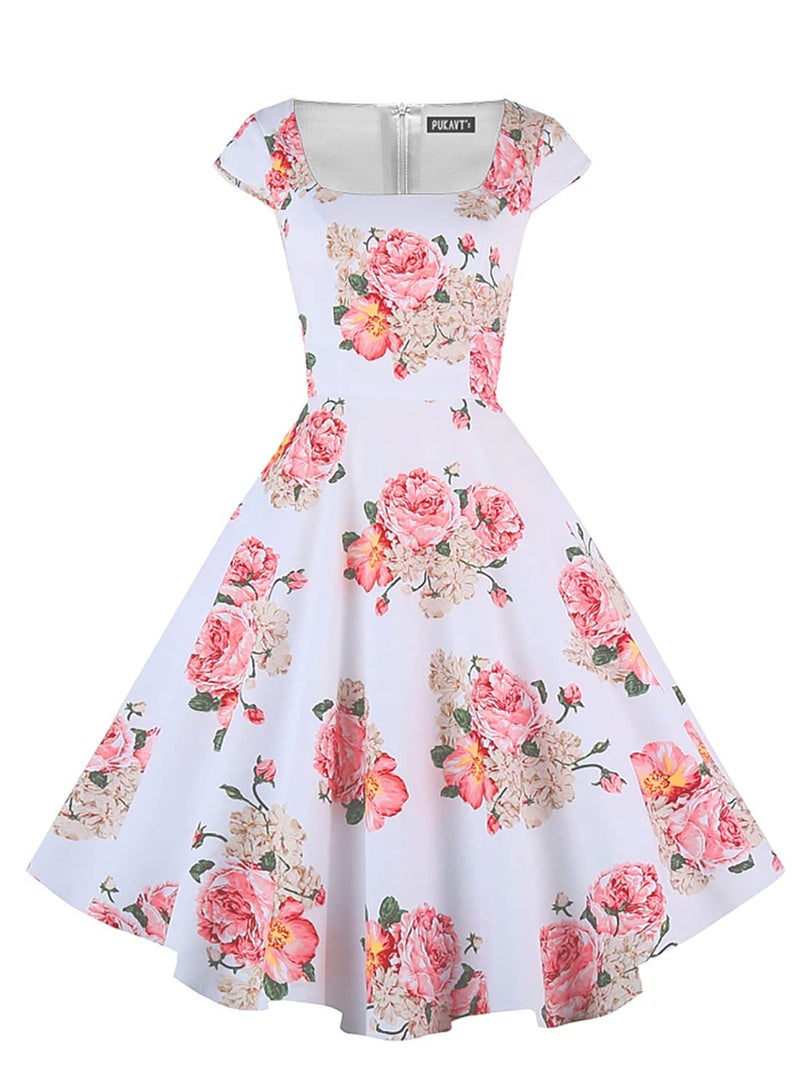 PUKAVT Women's Cocktail Party Dress Cap Sleeve 1950 Retro Swing Dress with Pockets White Pink Flower L - Image 4