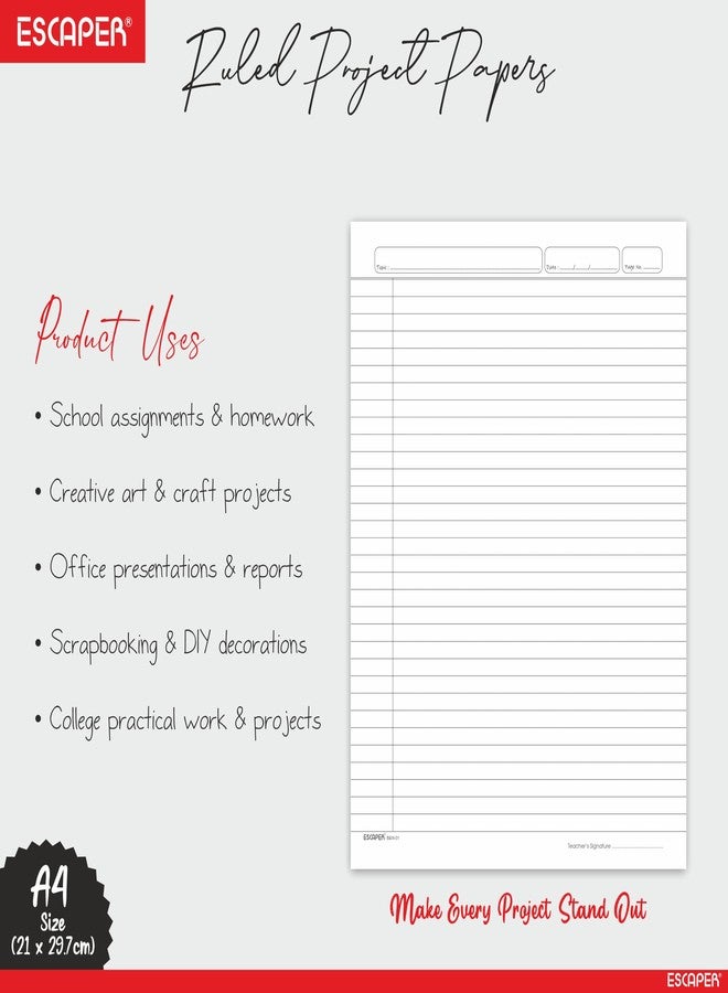 ESCAPER Classic A4 Two Side Ruled Sheets (50 Sheets), 90 GSM Designer White Paper for Writing, Printing, Assignments & Projects - Image 3