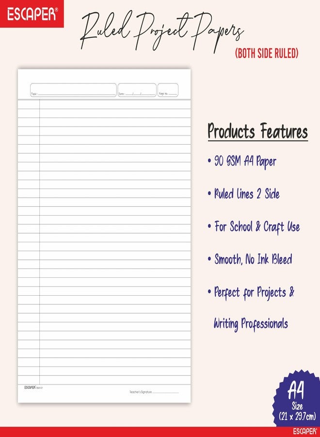 ESCAPER Classic A4 Two Side Ruled Sheets (50 Sheets), 90 GSM Designer White Paper for Writing, Printing, Assignments & Projects - Image 2