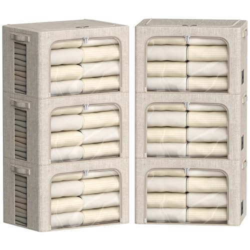 FHSQX 6 Pack Clothes Storage Bins with Metal Frame Foldable Storage Bins for Clothes Linen Fabric Storage Box with Clear Window Beige 157x118x78inch22L - Image 1