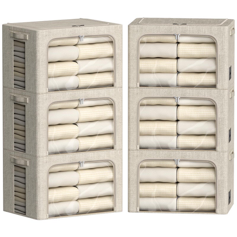 FHSQX 6 Pack Clothes Storage Bins with Metal Frame Foldable Storage Bins for Clothes Linen Fabric Storage Box with Clear Window Beige 157x118x78inch22L - Image 2