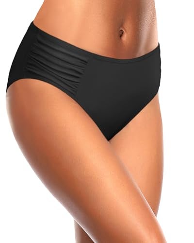 Tempt Me Women Black Bikini Bottoms Mid Waist Ruched Bathing Suit Swimsuit Full Coverage Swim Bottom M - Image 4