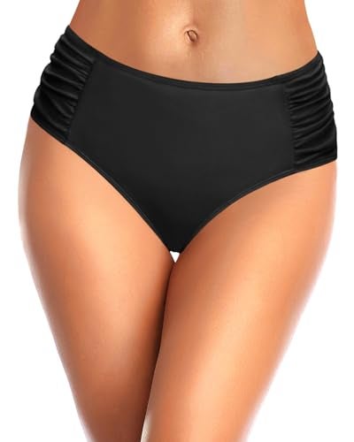 Tempt Me Women Black Bikini Bottoms Mid Waist Ruched Bathing Suit Swimsuit Full Coverage Swim Bottom M - Image 3