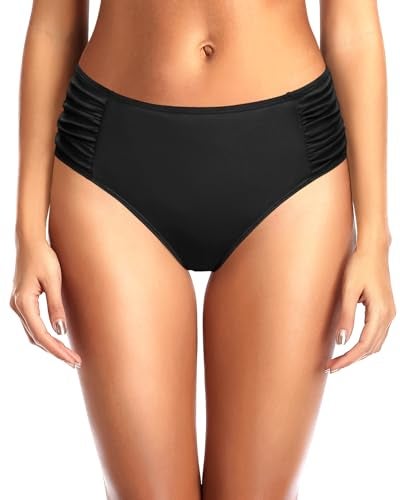 Tempt Me Women Black Bikini Bottoms Mid Waist Ruched Bathing Suit Swimsuit Full Coverage Swim Bottom M - Image 1
