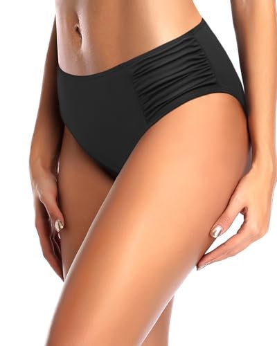 Tempt Me Women Black Bikini Bottoms Mid Waist Ruched Bathing Suit Swimsuit Full Coverage Swim Bottom M - Image 5