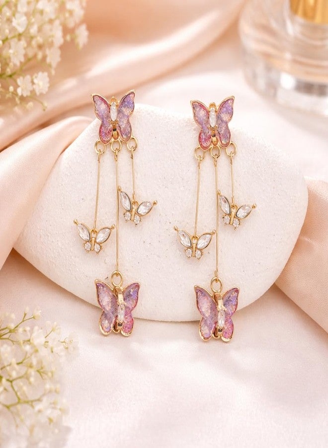 AMAAL Butterfly Drop Long Korean Earrings set for Women Girls Ladies | Western Crystal Earing Beads Pearl Dangle | Stylish Ear Rings Jewellery for woman | Valentine Gift for Girlfriend couple -343 - Image 3