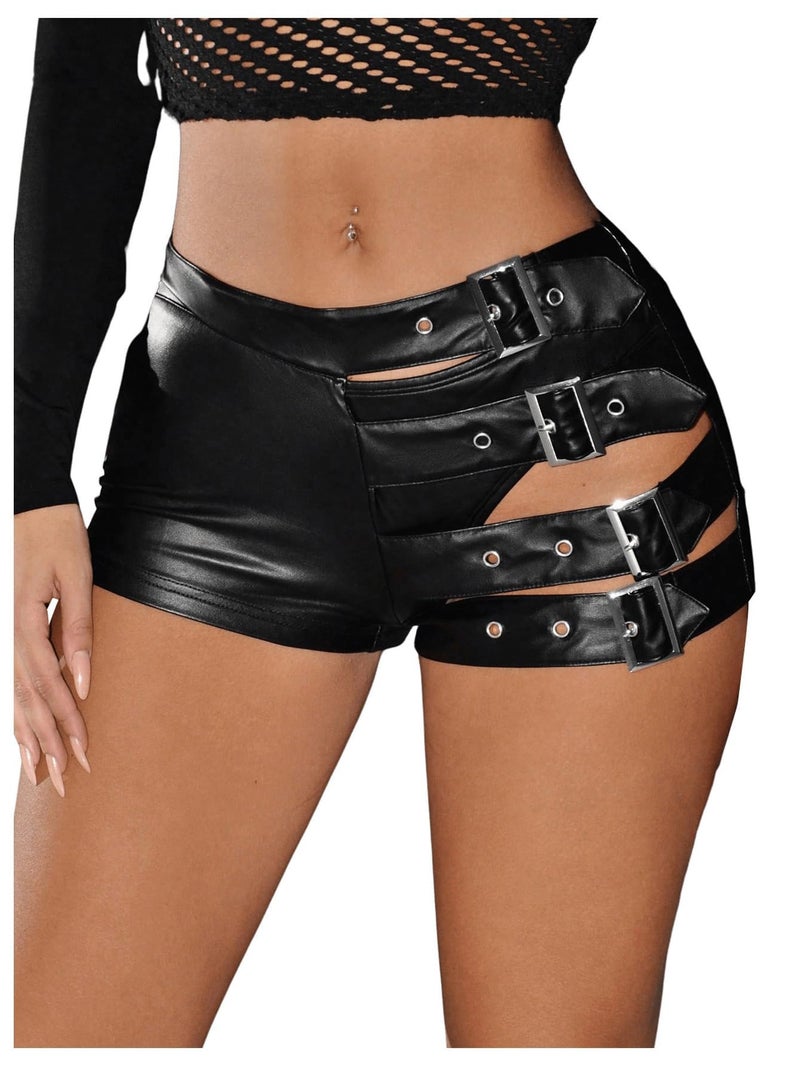 OYOANGLE Women's Buckled Cut Out Leather Mini Shorts Y2k Low Rise Booty Hot Shorts Black Large - Image 1