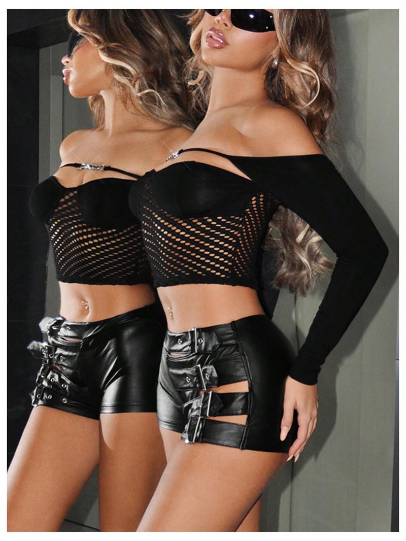 OYOANGLE Women's Buckled Cut Out Leather Mini Shorts Y2k Low Rise Booty Hot Shorts Black Large - Image 4