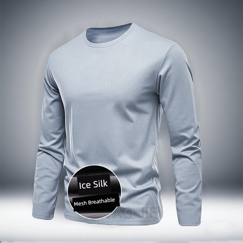 Spring and summer plus size ice silk mesh men's quick-drying long-sleeved round-neck sports running clothes fat T-shirt fitness training clothes - Image 1
