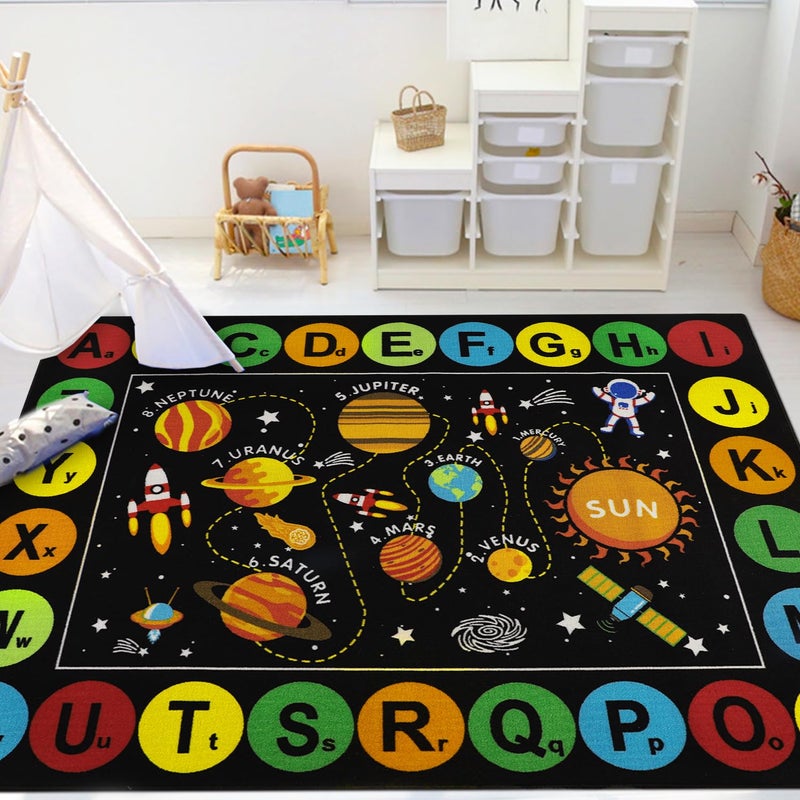 Capslpad Black Outer Space Kids Play Rug ABC Alphabet Kids Play Mat for Toddlers Non Slip Solar System Star Planets Nursery Rug for Girl Boy Kid Carpet for Bedroom Playroom Nursery Decor5x66