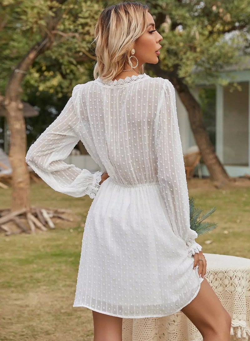 Swiss Dot Lace Trim V-neck Dress  - Image 2