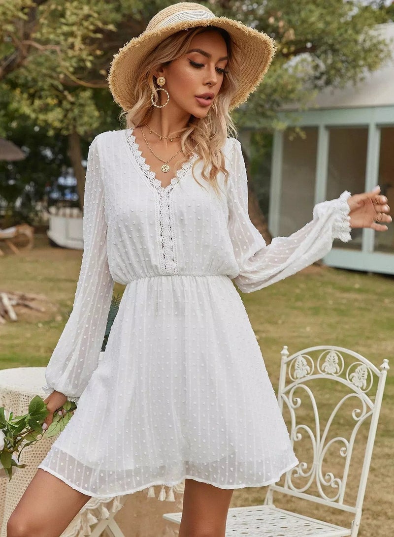 Swiss Dot Lace Trim V-neck Dress  - Image 5