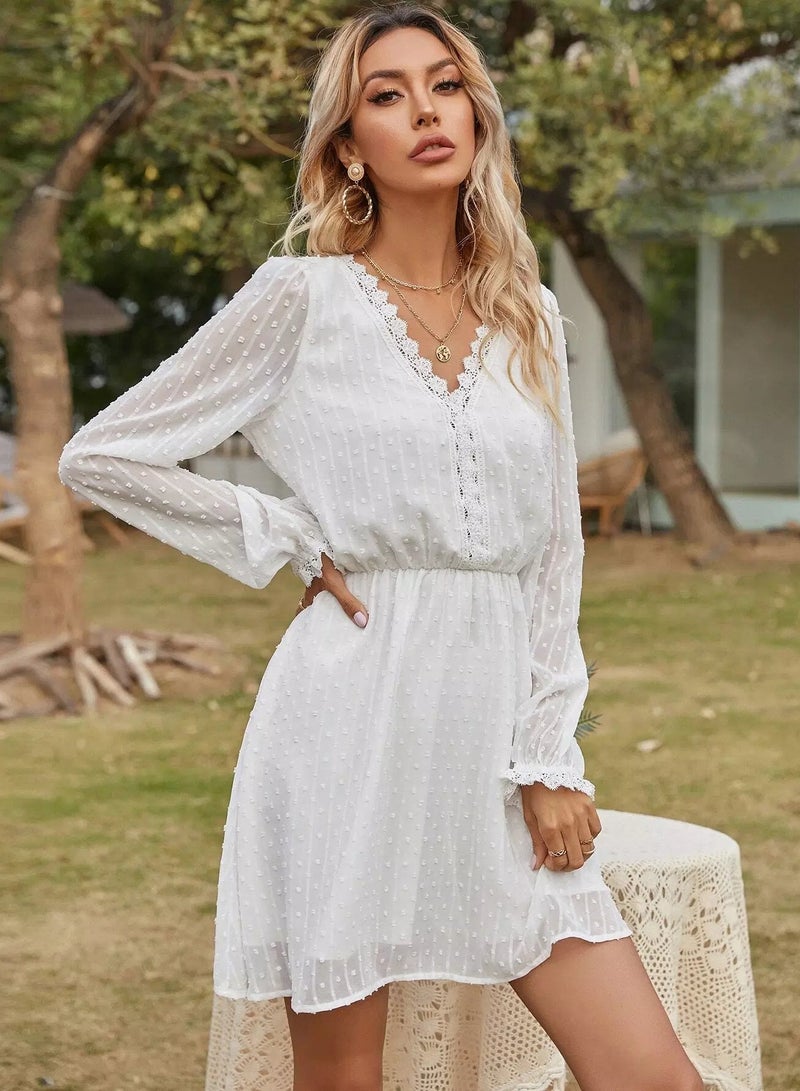 Swiss Dot Lace Trim V-neck Dress  - Image 4