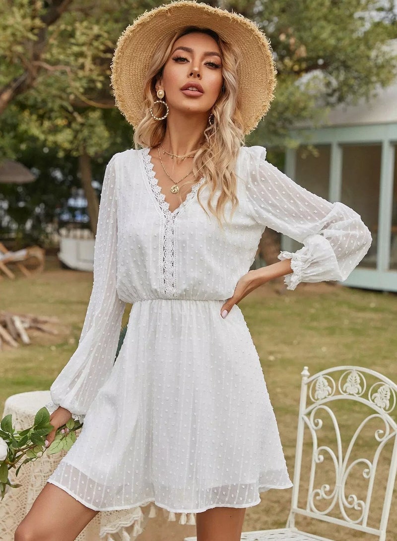 Swiss Dot Lace Trim V-neck Dress  - Image 1
