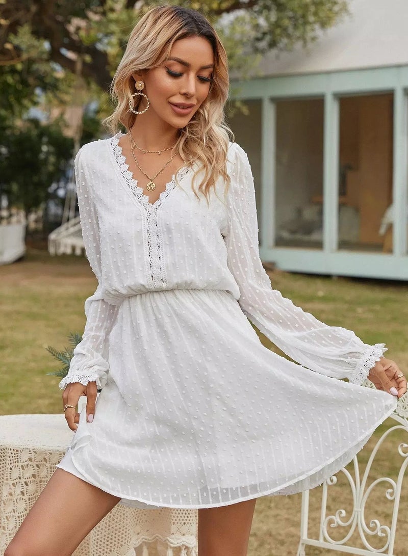 Swiss Dot Lace Trim V-neck Dress  - Image 3