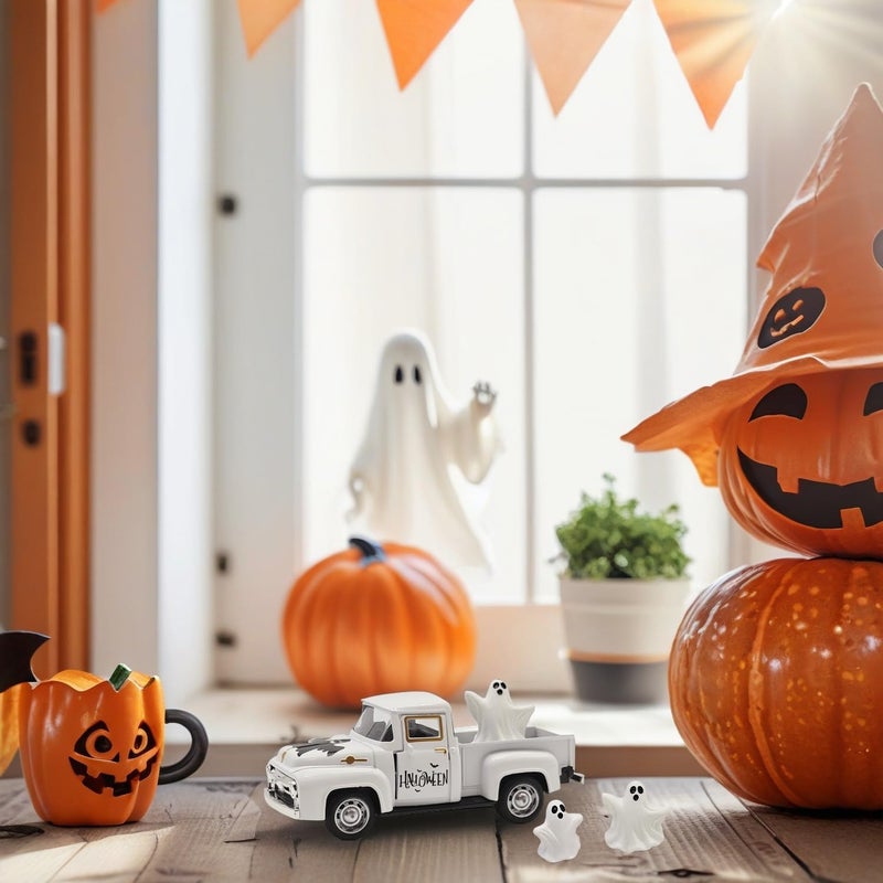 YimiBloss Halloween Decorations - Mini Cute Farmhouse Style Halloween Metal Truck Decor with 3 Removable Mini Ghost Ornaments for Tabletop, Tiered Tray, Shelf, Fireplace and Home Indoor Décor - Image 2