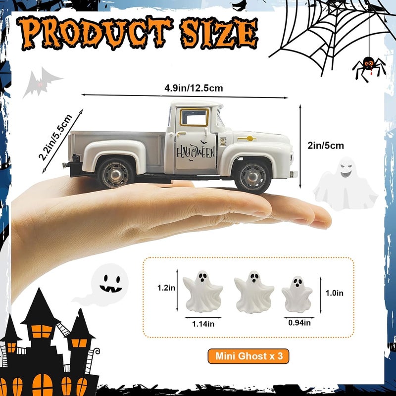 YimiBloss Halloween Decorations - Mini Cute Farmhouse Style Halloween Metal Truck Decor with 3 Removable Mini Ghost Ornaments for Tabletop, Tiered Tray, Shelf, Fireplace and Home Indoor Décor - Image 3