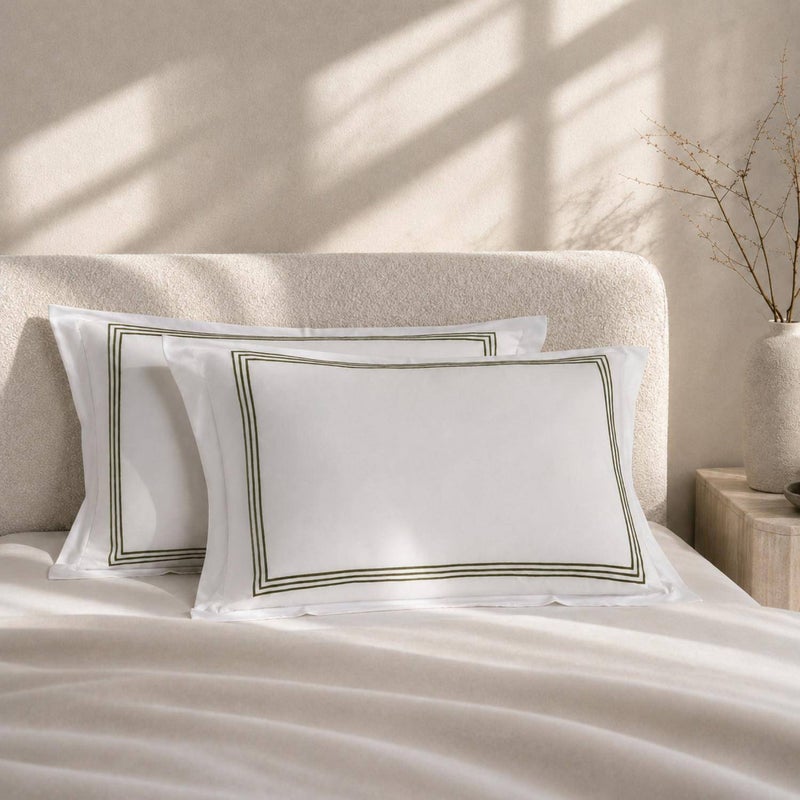 بان هوم  طقم أغطية وسائد أكسفورد مطرزة من القطن HH Elite Frame 400TC (قطعتان) - زيتوني، 50x75+5 سم - Image 1