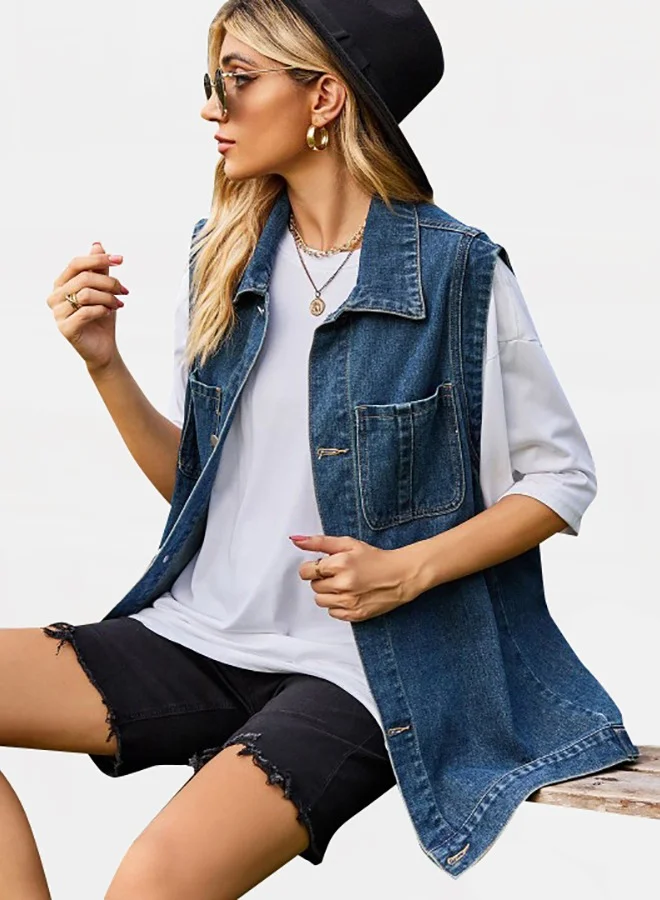 YUNIQEE Blue Hooded Sleeveless Denim Jacket