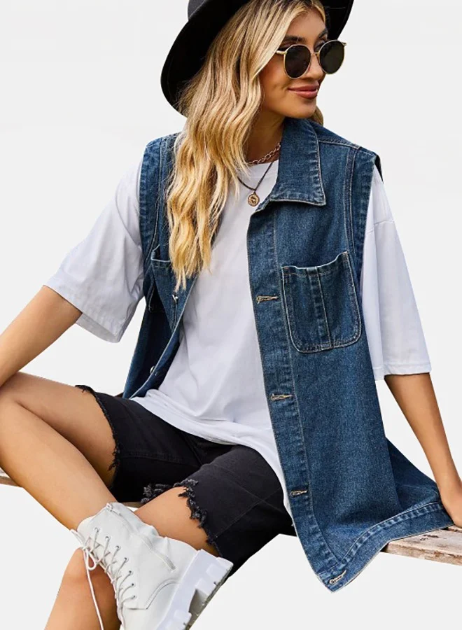YUNIQEE Blue Hooded Sleeveless Denim Jacket