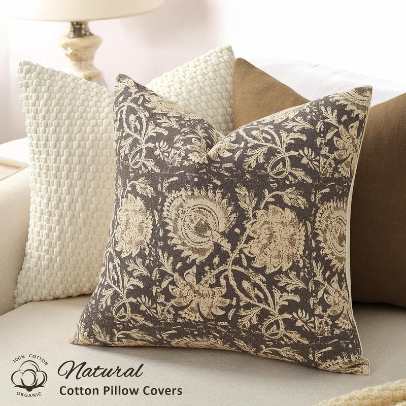 DKwizme Vintage Floral Print Throw Pillow Covers 20x20 Set of 2 Neutral Modern Farmhouse Accent Decorative Cushion Covers Boho Home Decor for Couch Sofa Chair Bed Living Room, Rustic Gray - Image 2