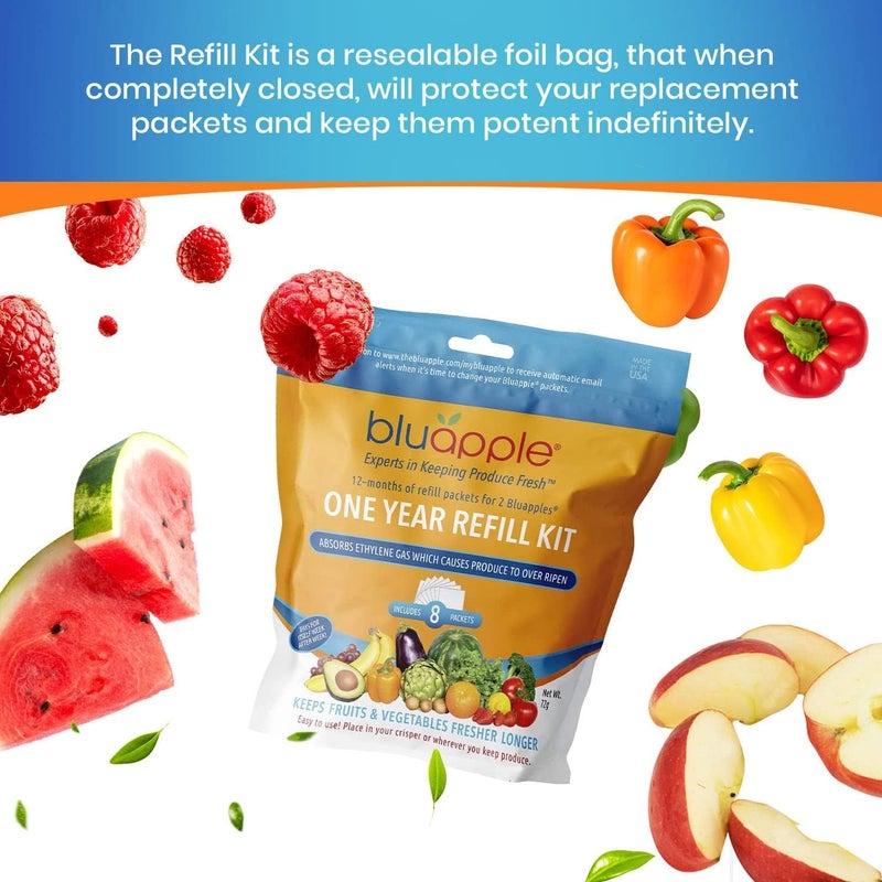Bluapple Produce Saver Refill Kit - Keep Fruits & Vegetables Fresh Longer, Veggie & Fruit Saver, 8 Packets (9 grams each), Lasts up to 3 Months, Produce Storage, Ethylene Gas Absorber, Made in USA - Image 4