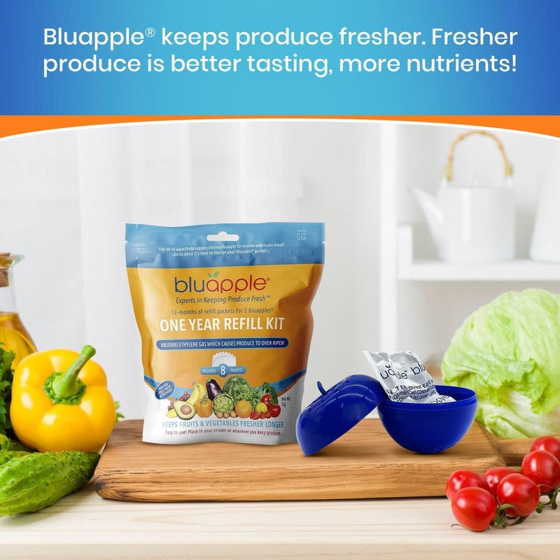 Bluapple Produce Saver Refill Kit - Keep Fruits & Vegetables Fresh Longer, Veggie & Fruit Saver, 8 Packets (9 grams each), Lasts up to 3 Months, Produce Storage, Ethylene Gas Absorber, Made in USA - Image 5