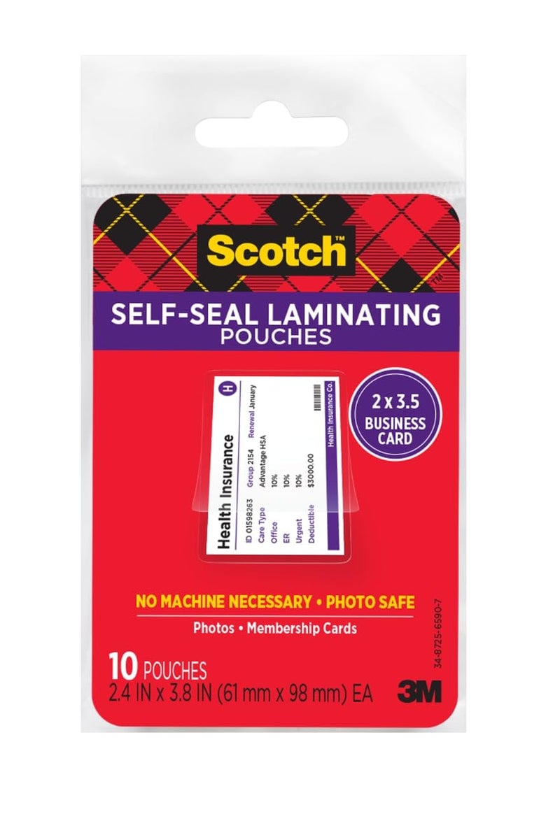 Scotch Self-Sealing Laminating Pouches, Business Card Size 2.4 in x 3.8 in, Great for Gift Tags, 10-Pack - Image 1