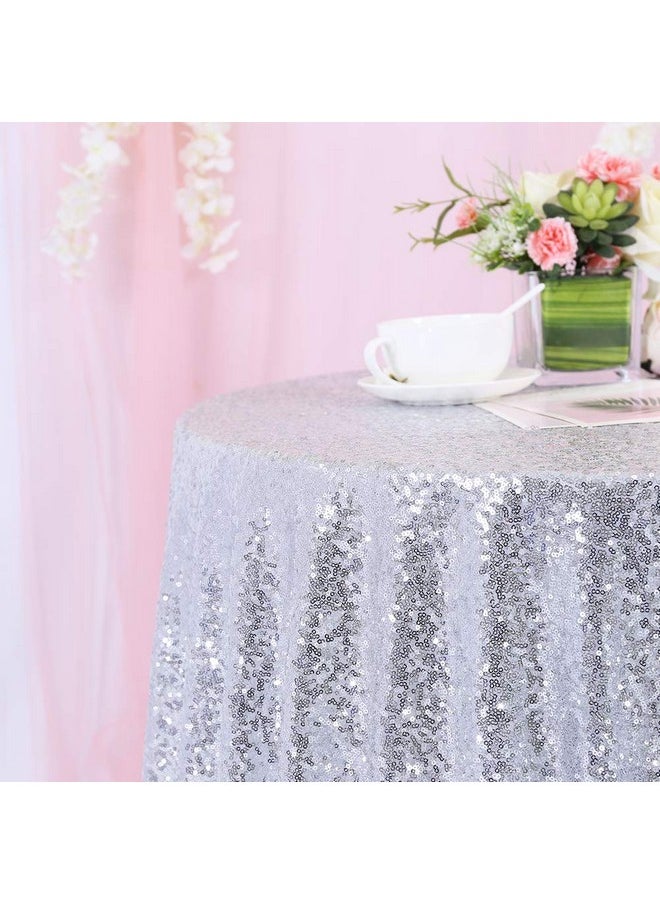 Trlyc - 96 Round Sparkly Silver Sequin Table Cloth Sequin Table Clothcake Sequin Tablecloths Sequin Linens For Wedding - Image 1