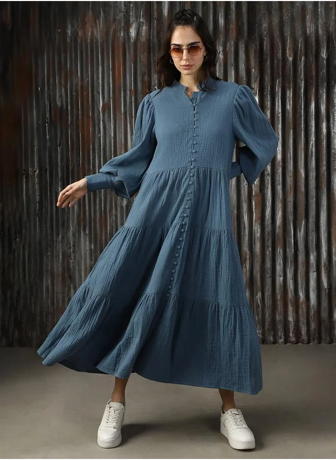 HIGH STAR Women Mandarin Neck Balloon Sleeves Pure Cotton A-Line Fit & Flare Textured Cotton Midi Dress
