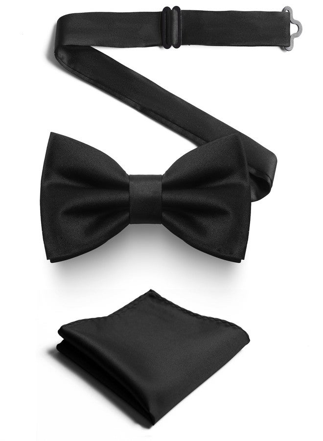 KOOELLE Black Men's Pre-Tied Bow Tie & Pocket Square Set - Elegant Formal Neckwear for Weddings - Image 1