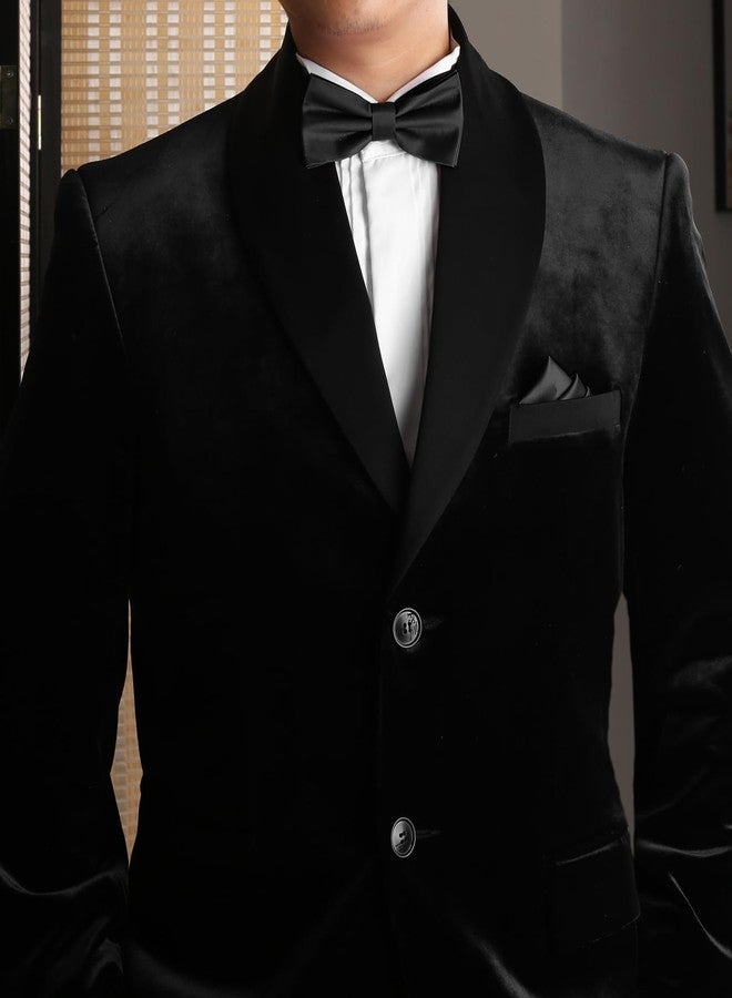 KOOELLE Black Men's Pre-Tied Bow Tie & Pocket Square Set - Elegant Formal Neckwear for Weddings - Image 3