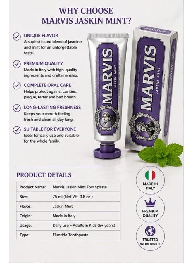 Marvis Jaskin Mint Toothpaste 85ml-Teeth Whitening Toothpaste for Smokers, Fresh Breath & Stain Removal - Image 3