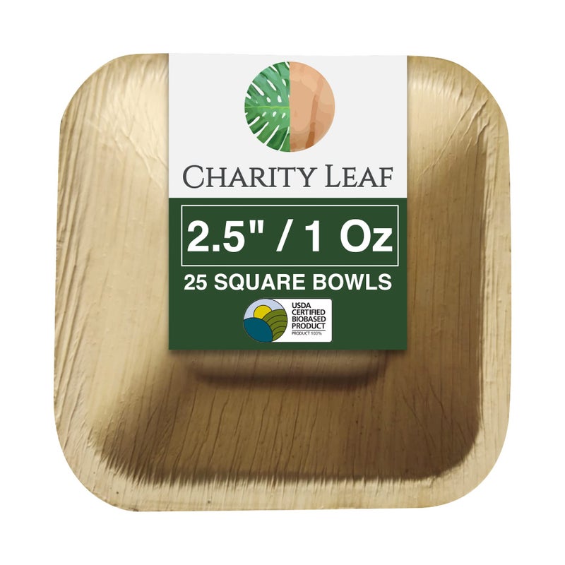Charity Leaf Disposable Palm Leaf 25 Square Mini Bowl 25 pcs Dipping Bowls  Bamboo Like All Natural and Biodegradable  Charcuterie Boards BBQs and Parties
