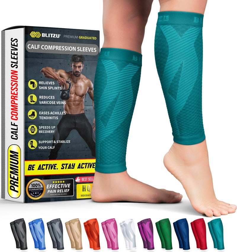 BLITZU Calf Compression Sleeves for Men and Women. Footless Compression Socks Support for Varicose Vein, Nursing, Running. Leg Sleeve Brace for Shin Splints, Pain Relief & Reduces Swelling Teal S-M - Image 1