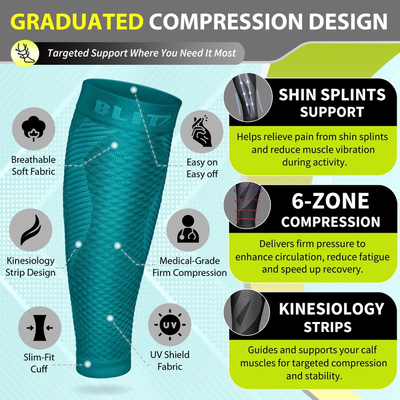 BLITZU Calf Compression Sleeves for Men and Women. Footless Compression Socks Support for Varicose Vein, Nursing, Running. Leg Sleeve Brace for Shin Splints, Pain Relief & Reduces Swelling Teal S-M - Image 3