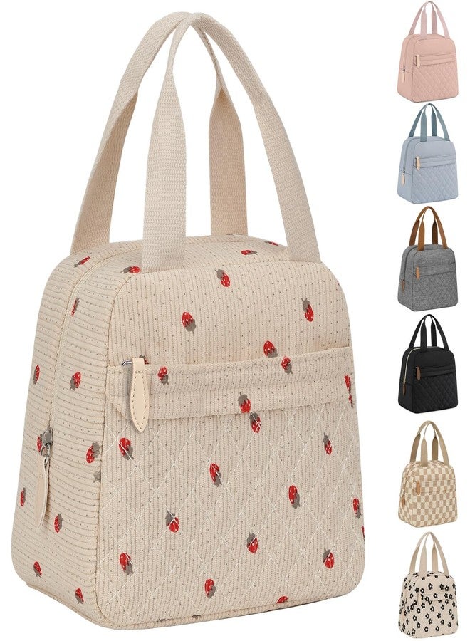 ELONGRIVER Insulated Lunch Bag for Women, Portable Lightweight Lunch Box for Adults, Reusable Small Lunch Tote Cooler Bags with Front Zipper Pocket for Work School Picnic(Corduroy Strawberry) - Image 1