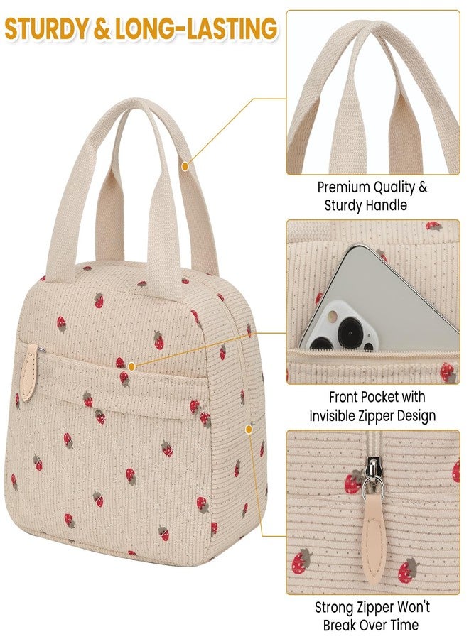 ELONGRIVER Insulated Lunch Bag for Women, Portable Lightweight Lunch Box for Adults, Reusable Small Lunch Tote Cooler Bags with Front Zipper Pocket for Work School Picnic(Corduroy Strawberry) - Image 4